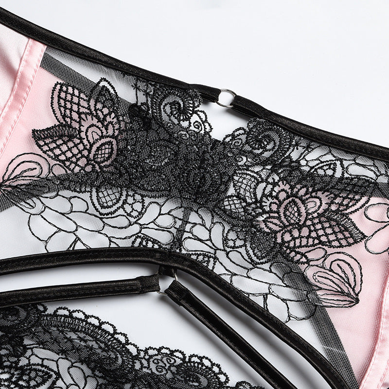 Embroidered Mesh Crossover Backless Lingerie Set