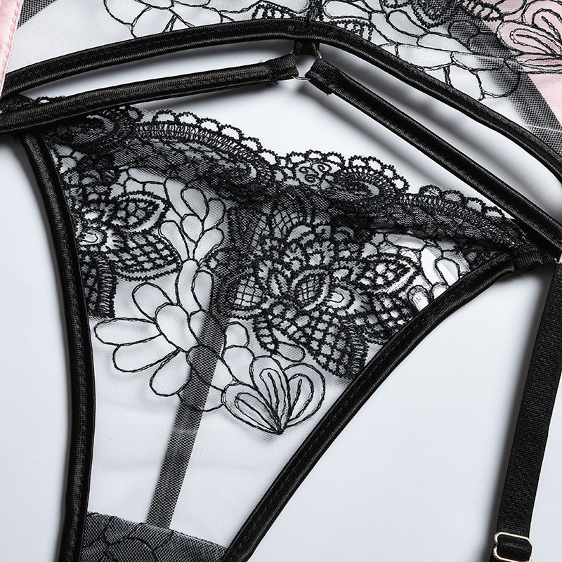Embroidered Mesh Crossover Backless Lingerie Set