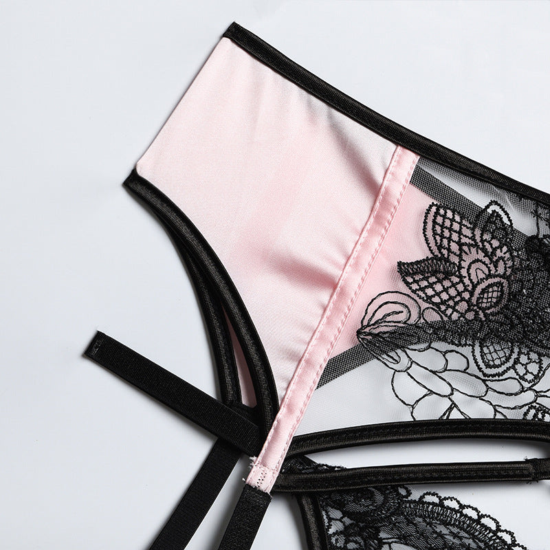 Embroidered Mesh Crossover Backless Lingerie Set