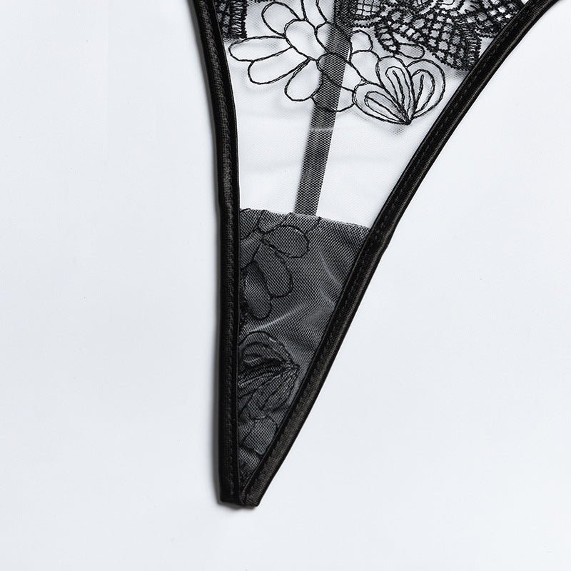 Embroidered Mesh Crossover Backless Lingerie Set